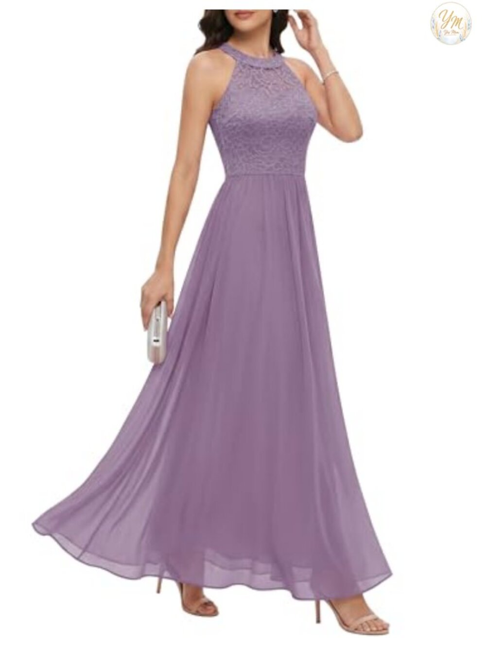 Halter Long Prom Dress Floral Lace Bridesmaid Chiffon Formal Gown